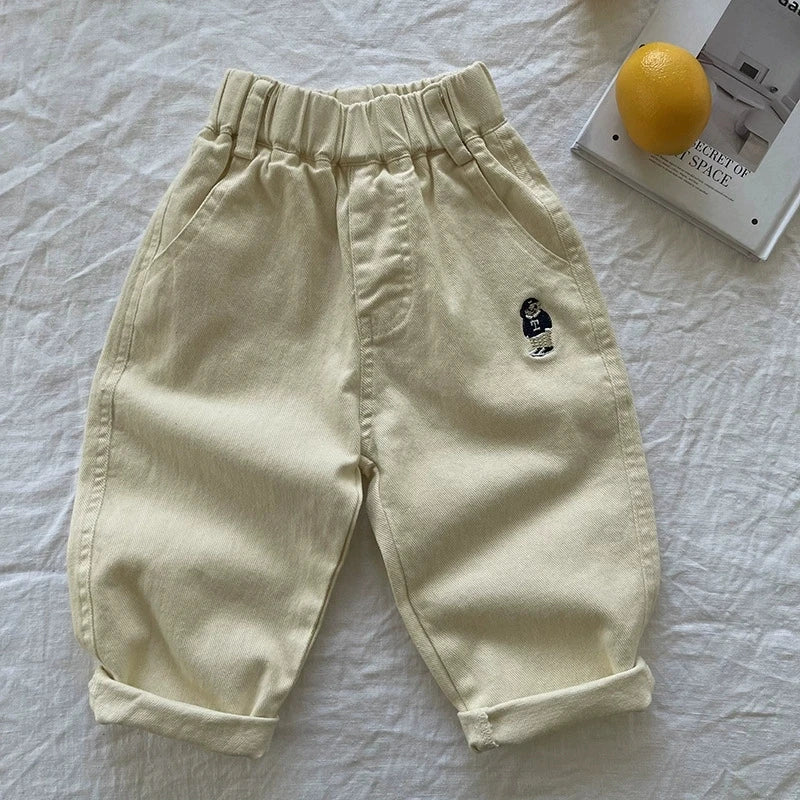 2025 Spring Girls Boys Casual Embroidery Bear Cotton Pants Kids Children Soft Trousers Three Colors