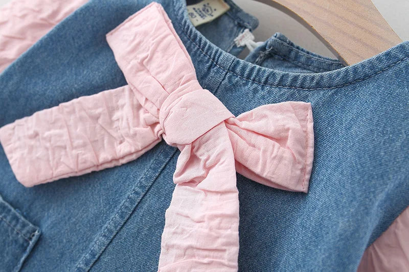 Long-sleeved Bow Denim Dress