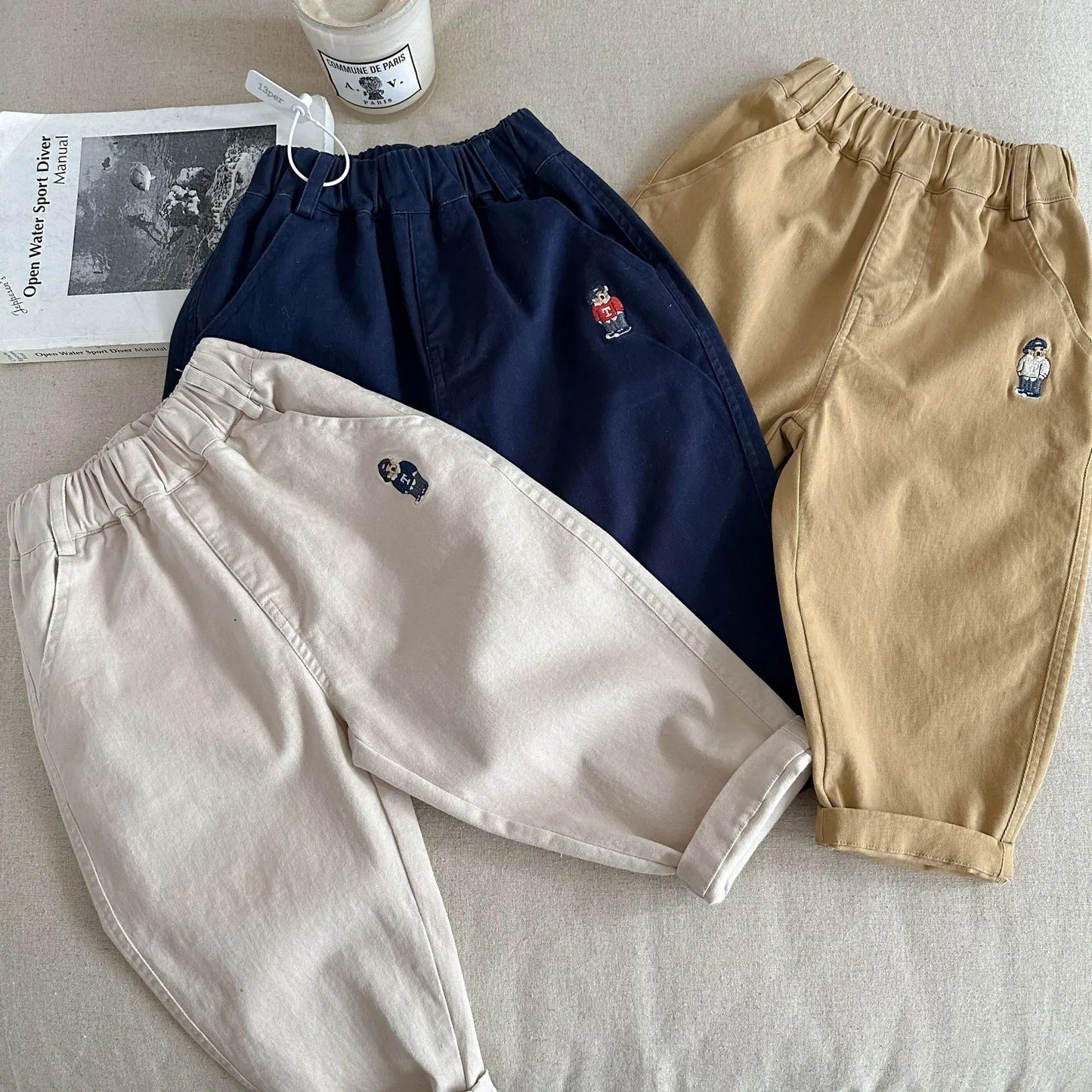 2025 Spring Girls Boys Casual Embroidery Bear Cotton Pants Kids Children Soft Trousers Three Colors
