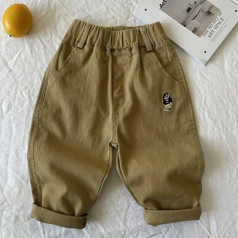 2025 Spring Girls Boys Casual Embroidery Bear Cotton Pants Kids Children Soft Trousers Three Colors