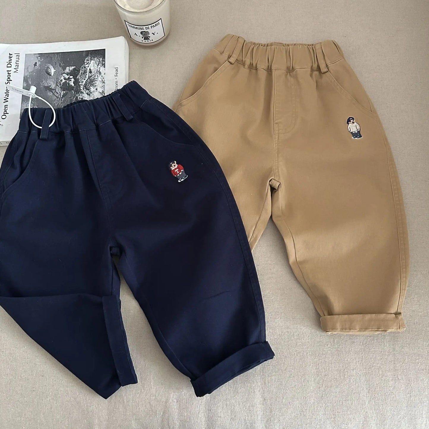 2025 Spring Girls Boys Casual Embroidery Bear Cotton Pants Kids Children Soft Trousers Three Colors