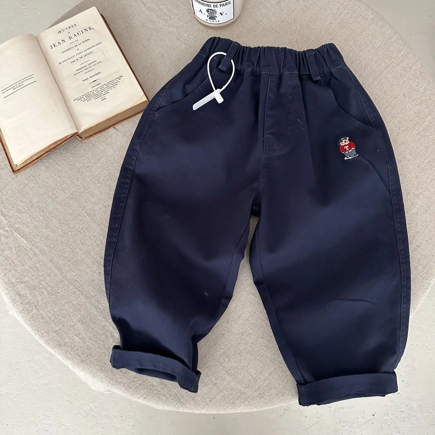 2025 Spring Girls Boys Casual Embroidery Bear Cotton Pants Kids Children Soft Trousers Three Colors