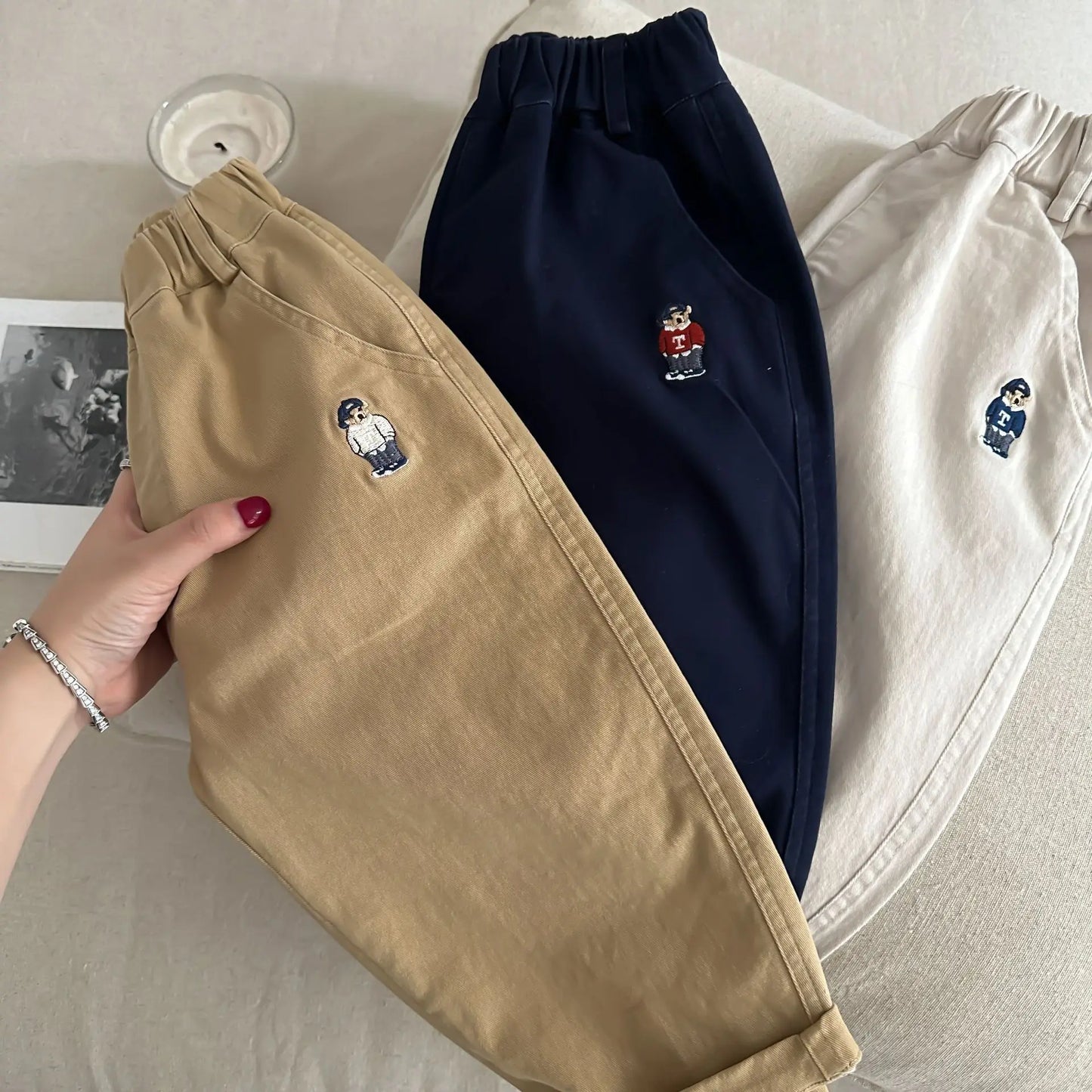 2025 Spring Girls Boys Casual Embroidery Bear Cotton Pants Kids Children Soft Trousers Three Colors