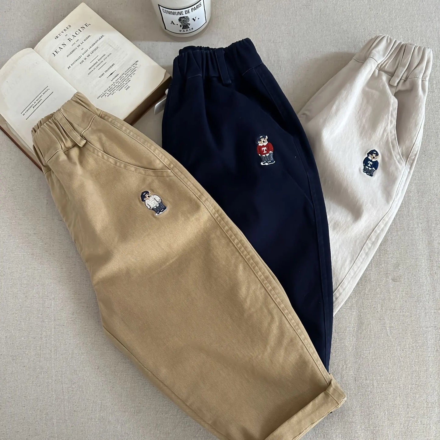 2025 Spring Girls Boys Casual Embroidery Bear Cotton Pants Kids Children Soft Trousers Three Colors