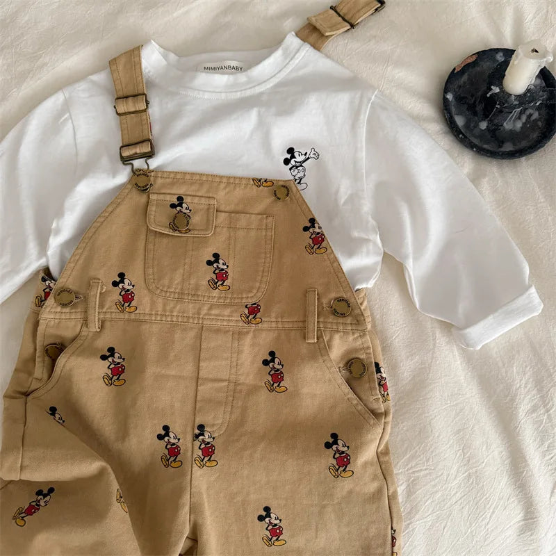 Children Jumpsuit Overalls Spring Autumn Baby Boys and Girls Loose Bib Pants Cartoon Mickey Print Straps Trousers D70117