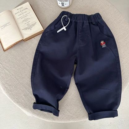 2025 Spring Girls Boys Casual Embroidery Bear Cotton Pants Kids Children Soft Trousers Three Colors